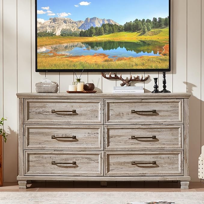 Farmhouse Bedroom Dresser and Nightstand Set of 4, 6 Drawer Tall & Low Dresser & 3 Drawer Nightstand Set with Wooden Legs, Rustic Wood Bedroom Furniture Sets for Livingroom, Hallway, Grey
