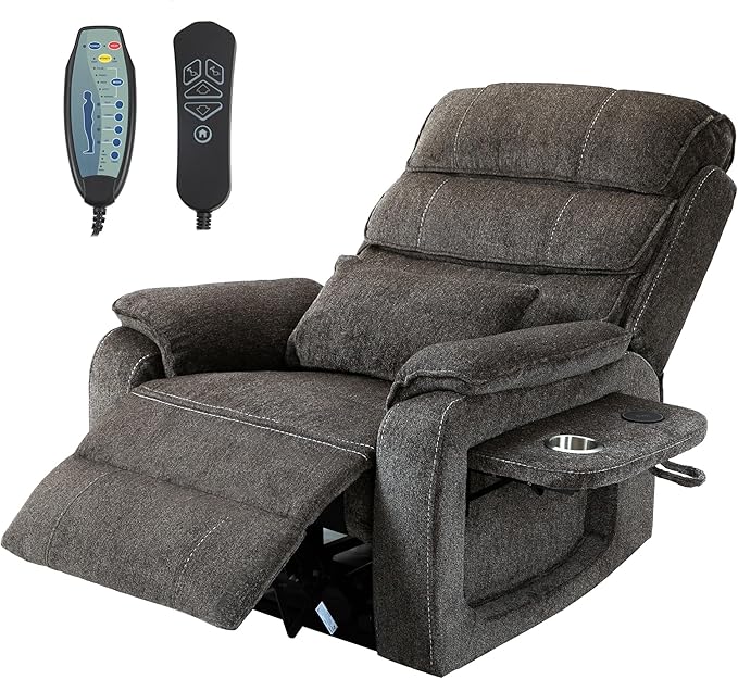 Power Lift Recliner Chair for Adults Elderly Chenille Lay Flat Recliners with Massage Heat, Extended Footrest, Wireless Charging Device, USB Ports, Cup Holder, Lumbar Pillow Up to 400LBS