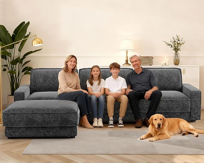 Sunny Heart 120" L-Shaped Modular Sectional Sofa, Oversized Cloud Couch with Movable Ottoman, 4-Seat Chenille Deep Seat Sofa with Pillow, Sectional Couches for Living Room, Apartment, Dark Grey