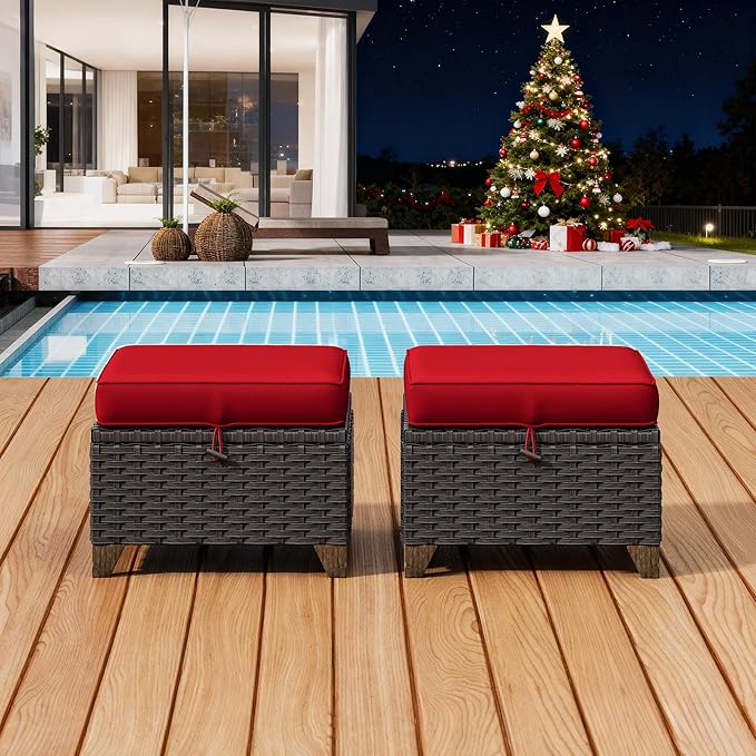 2 Pieces Patio Outdoor Ottomans with Removable and Washable Covers,PE Rattan Wicker Footstools for Porch, Garden, Sunroom (Red)