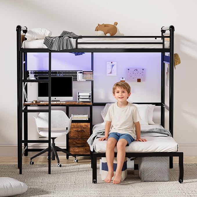 Bunk Bed Twin Over Twin, Industrial Heavy Duty Metal Bed with LED Lights & Charging Sation, bunk beds for Kids, School, Bedroom, Safety Guardrail and Ladder