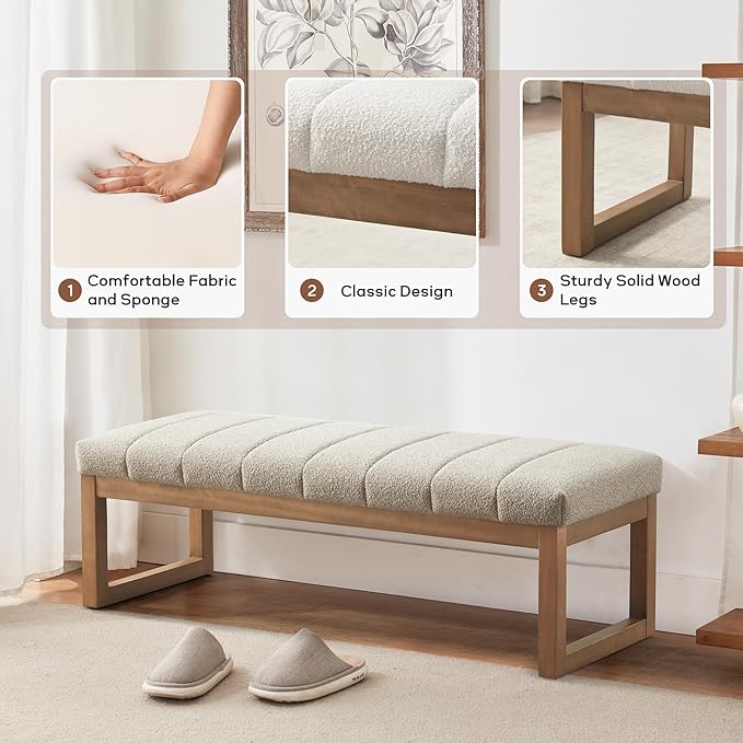 52.7" Bedroom Bench for End of Bed, Modern Upholstered Teddy Fabric Entryway Bench & Dining Bench, Footrest Stool Bench with Solid Wood Frame for Bedroom, Living Room (Camel)