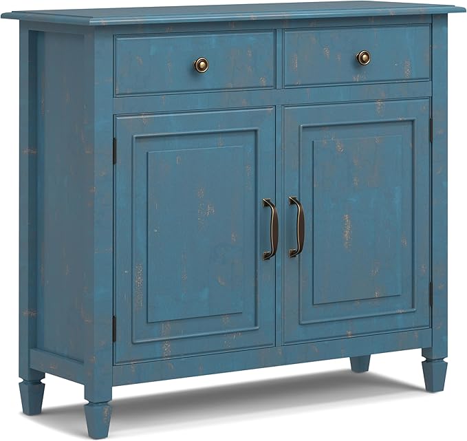 SIMPLIHOME Connaught 40-inch Wide Solid Wood Storage Cabinet in Distressed Coastal Blue for Entryway, Living Room, Organizer for Hats, Gloves, Shoes, Keys, Slim Design, Traditional Style