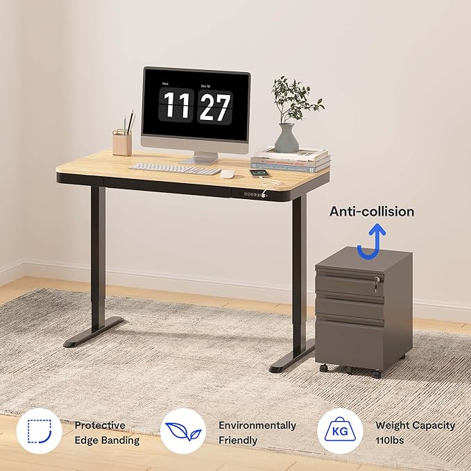 FLEXISPOT Comhar Electric Standing Desk with Drawer Desktop & Adjustable Frame w/USB Charge Ports (Bamboo-Look Laminate/Black, Wood)