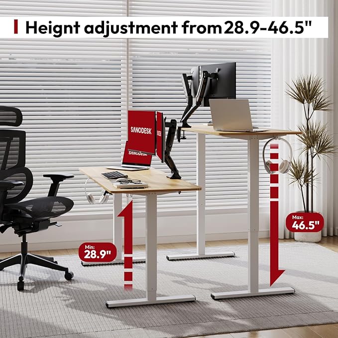 SANODESK Electric Standing Desk 55x24 Inch Height Adjustable Stand Up Desk Home Office Computer Workstation Sit Stand Home Office Desk with Splice Board (White Frame + Maple Top)