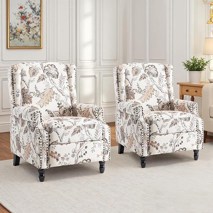 UIXE Recliner Chairs Set of 2, Fabric Upholstered Armchair Pushback Accent Chair for Living Room, Floral Rivet Trim Club Chair Home Theater Single Sofa Bedroom Side Reading Seat - Beige Plants