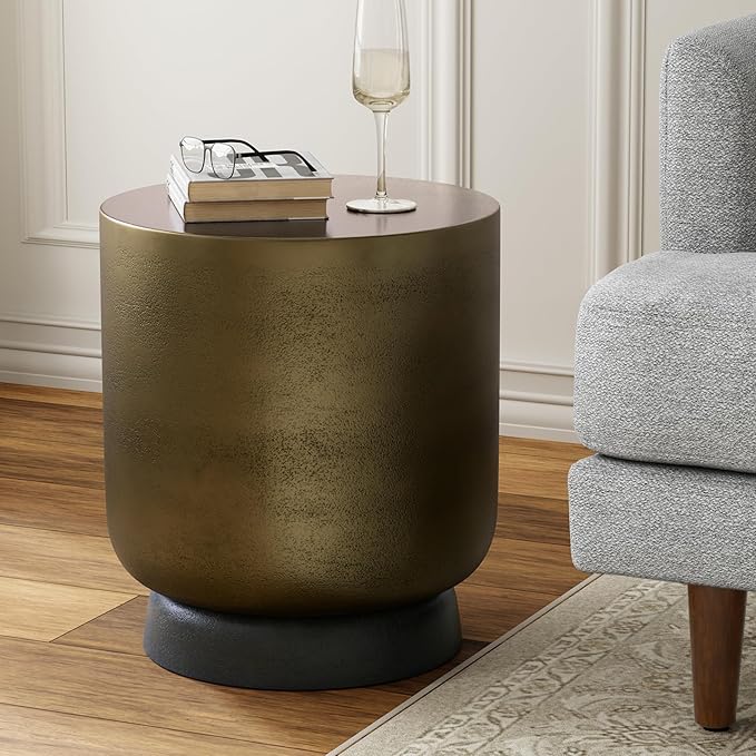 SIMPLIHOME Cody Metal Side Table in Antique Brass/Bronze, 16-inch Round, 18-inch Tall, Cast Aluminum Accent Table for Living Room, Bedroom, Office