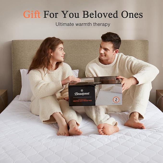 Beautyrest Cotton Blend Heated Mattress Pad Secure Comfort Technology - Luxury Quilted Electric Mattress Pad with Deep Pocket - 5-Setting Heat Controllers, King, White