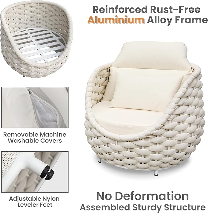 Woven Rope Outdoor Sofa Set: 5 Pieces Aluminum Patio Conversation Set Assembled - All Weather Cushioned Porch Furniture Couch - Modern Metal Lounge Set for Deck Yard Resort Hotel Sunroom, Beige