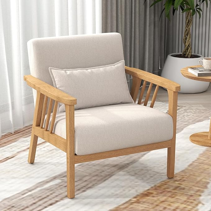 Mid-Century Modern Accent Chair, Linen Armchair and Lounge Chair with Lumbar Pillow, Wide Seat & Solid Wood Frame for Living Room, Bedroom or Balcony(Beige)