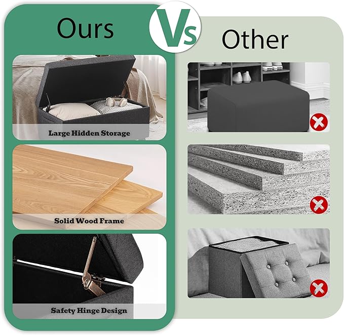 Ottoman with Storage 32'' Ottoman Storage Bench Linen Fabric Ottomans Footstools Upholstered Foot Rest Stool for Couch, Living Room, Bedroom, Entrance Shoe Bench Dark Gray