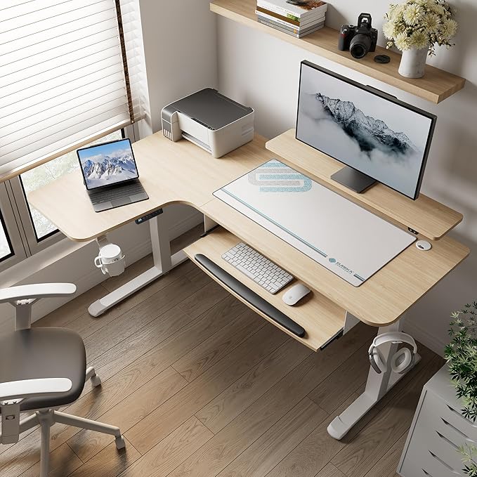 EUREKA ERGONOMIC Standing Desk Adjustable Height 61" Electric Sit Stand Computer Desk L Shaped with Keyboard Tray,Monitor Stand &LED, Dual Motor Memory Presets Sit to Desk Adjustable Desk, Left/Maple
