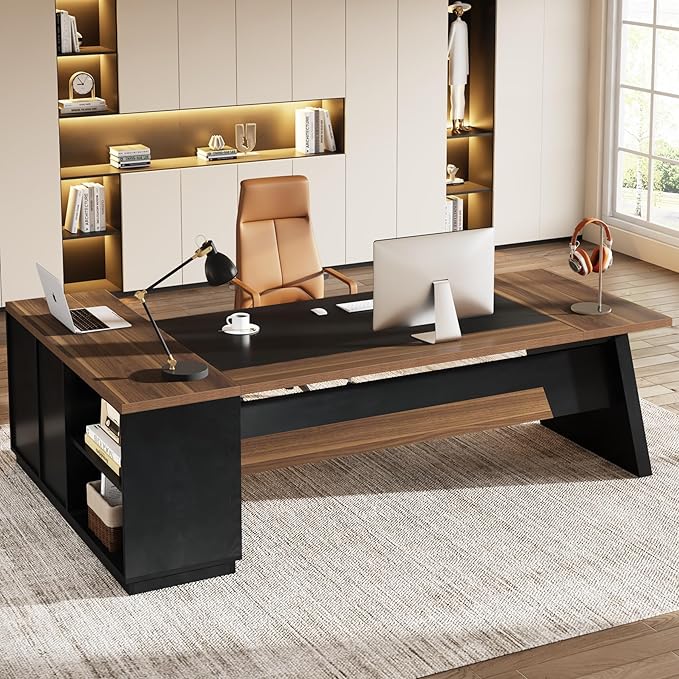 Tribesigns 78" L-Shaped Executive Desk, Large Modern Office Desk with Drawers and File Cabinet, Business Furniture with Storage Shelves, Big Computer Desk for Home Office (Light Walnut + Black)