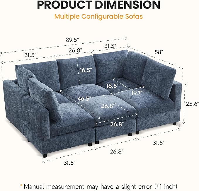Modular Sectional Cloud Sofa Bed, 6-Seater Convertible Sofa Couch with Ottoman, Modern Deep Seat Sleeper Sofa for Living Room, Chenille Blue