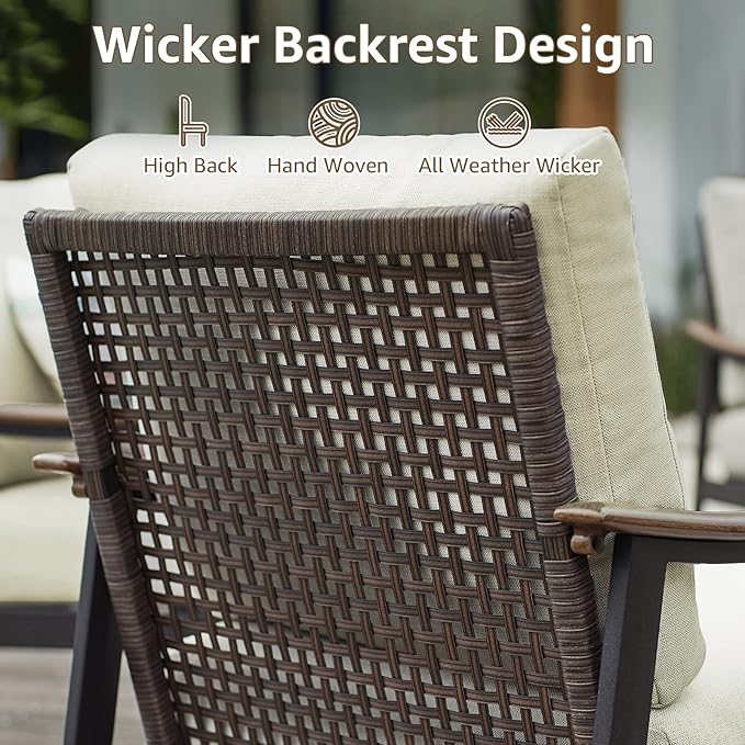 NATURAL EXPRESSIONS Patio Sofa Outdoor Furniture Metal Chair with Wicker Backrest & 6 Inches Cushion for Front, Porch, Deck, Balcony, Backyard, Sunroom, 27"(L) x 29.75"(W) x 33.86"(H).