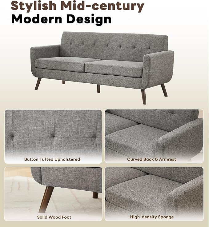 Tbfit Loveseat Sofa, 77" W Mid Century Modern Love Seat Small Loveseat for Bedroom, Button Tufted Upholstered Small Couch Sofa for Living Room, Gray