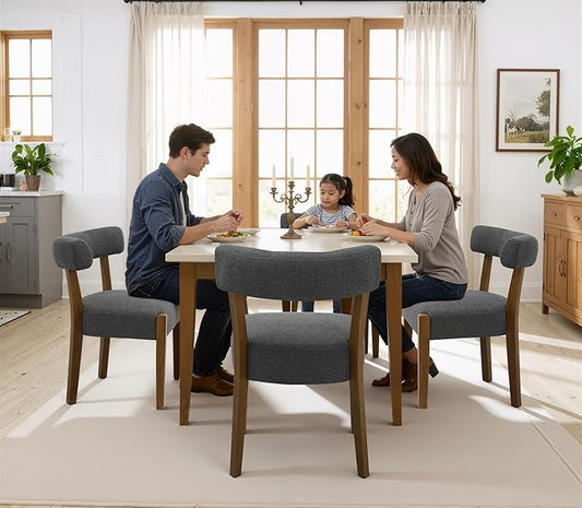 Modern Dining Chairs Set of 4, Walnut Upholstered Kitchen & Dining Room Chairs, Mid Century Wooden Dining Chairs Oversized Sturdy Fabric Rounded Chairs Curved Back, Dark Grey