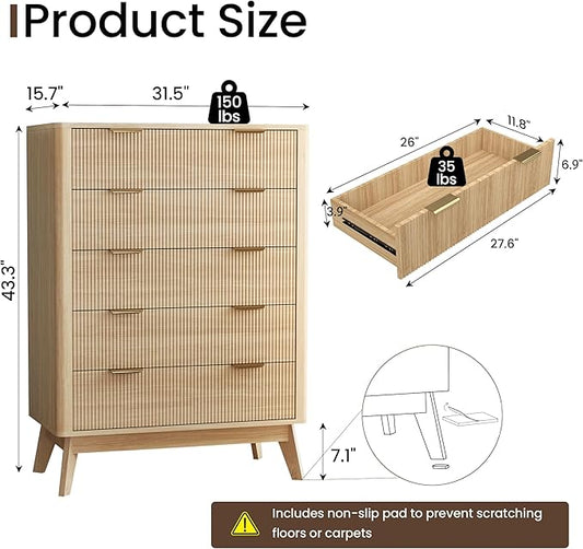 Fluted 5 Drawer Dresser, Tall Dresser with Deep Drawers, Wood Chest of Drawers for Bedroom, Modern Tall Chest Storage Organizer, Natural Finish for Hallway, Entryway, Living Room (Oak)