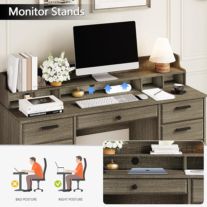 58 Inch Executive Desk with File Drawers, Computer Desk with Storage, Rustic Desk with Adjustable Shelves, Office Desk with Hutch for Bedroom, Grey