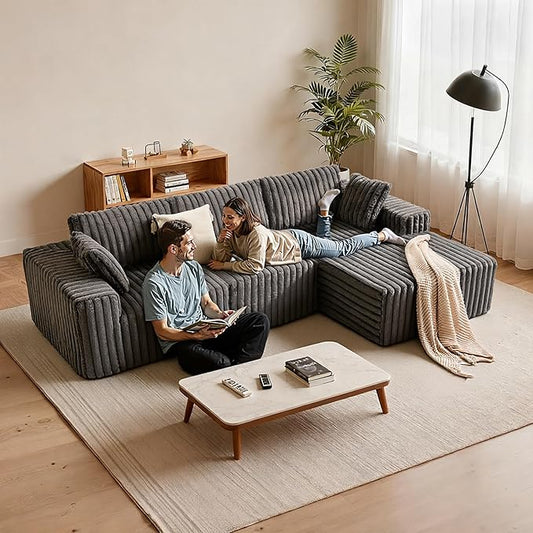 Apicizon 113" Modular Sectional Couch for Living Room, L Shaped Sectional Sofa Couch with Deep Seat, 3 Seat Boneless Sofa with Chaise Longue for Apartment,No Assembly Required (Plush Corduroy Gray)
