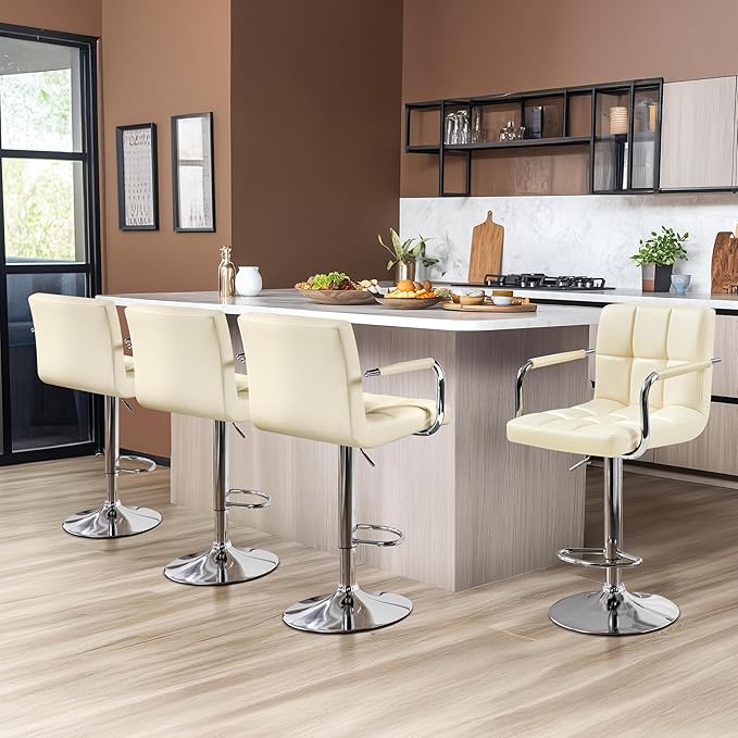 Yaheetech Bart Stools Set of 4, PU Leather Adjustable Barstools with Armrest, Counter Height Stool Chairs with Thickened Seat Cushion for Kitchen Island, Beige