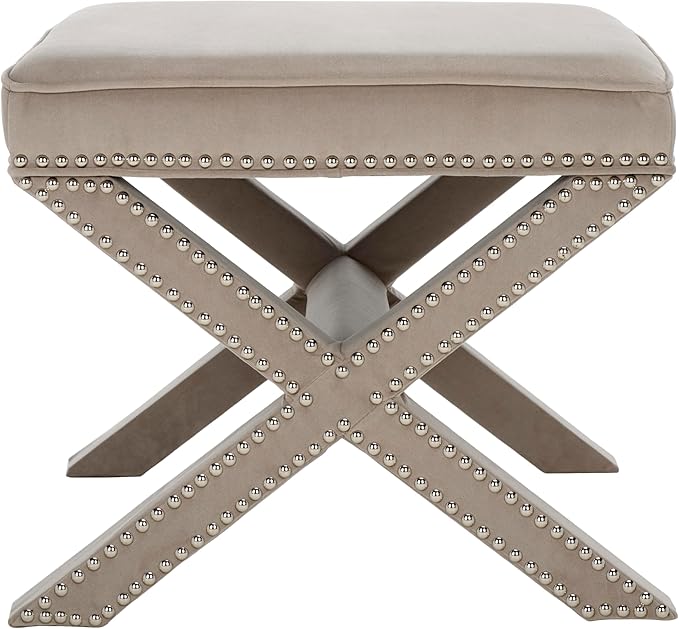 SAFAVIEH Home Collection Palmer Mushroom Taupe with Silver Nailhead Trim X-Bench Ottoman Foot Stool, Fully Assembled (MCR4589V)