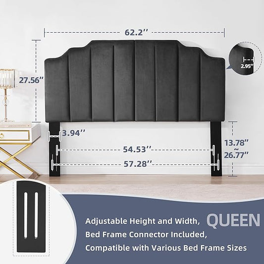 Headboard Queen, Velvet Upholstered Tufted Headboard with Modern Vertical Channel Design, Elegantly Curved Soft Padded Queen headboard only, Easy Installation, Darkgray