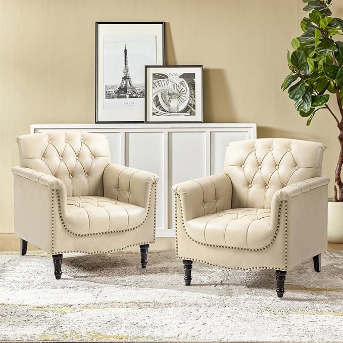 Faux Leather Accent Chair, PU Leather Modern Comfy Upholstered Armchair with Wood Legs & Nailhead Trim for Living Room, Bedroom (Beige,Set of 1)
