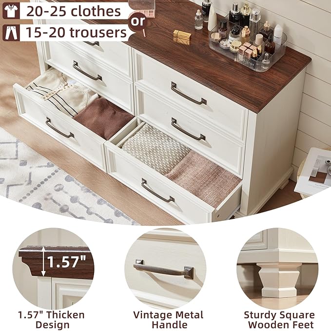 Farmhouse White 6 Drawer Dresser for Bedroom, 54 inch Wide Vintage Large Chest of Drawers with Square Wood Legs, Rustic TV Console for Living Room, Wooden Storage Closet Dressers for Home