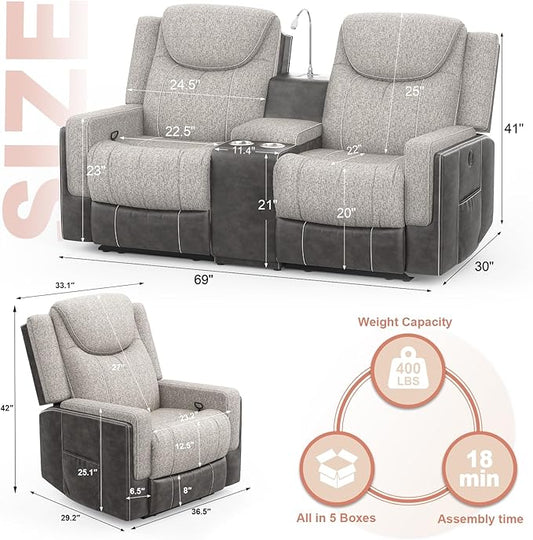 Manual Loveseat Recliner Sofa Set, 2 Seater Reclining Loveseat with Storage Console and Single Oversize Recliner Chair, 2+1 Pieces Luxury Living Room Furniture Set, Couches for RV (Grey)
