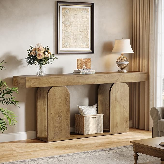 Tribesigns 70.9-Inch Extra Long Sofa Table, Farmhouse Console Tables with Wood Frame and Storage Shelf, 2-Tier Wood Table Behind Couch for Living Room, Hallway, Foyer, Light Brown