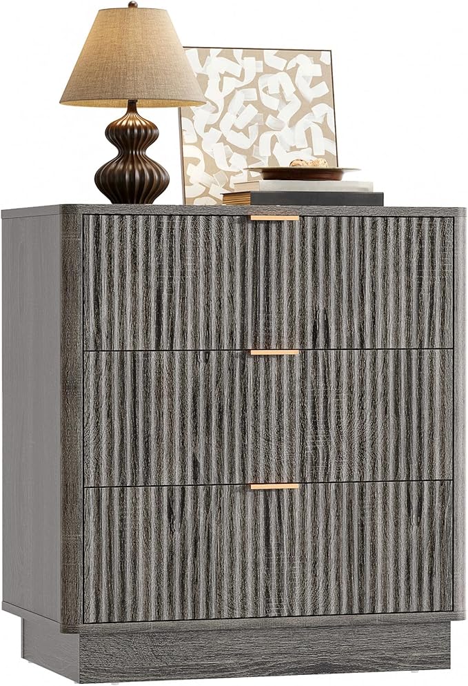 Mid Century Modern 3 Drawer Dresser for Bedroom, Fluted Wood Nightstand with Round Edge Design, Shallow Bedroom Storage for Closet, Living Room(Charcoal Oak)