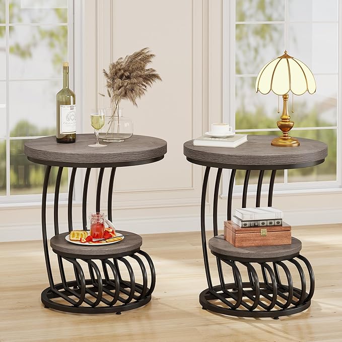 Tribesigns Round End Table: 2 Tiers Wood Side Table Set of 2 with Storage Shelf, Rustic Gray Bedside Nightstand, Accent Table for Living Room, Bedroom