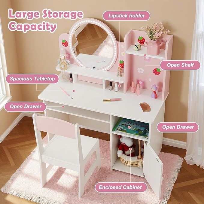 JOYLDIAS Kids Vanity with Lights, Pink Girls Makeup Vanity with Open Bookshelf, Storage Cabinet & Shelves, 2 in 1 Toddler Vanity Desk and Chair Set, Dressing Table for Kids 3+