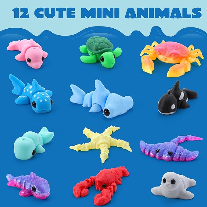 JOYIN 12 Pcs 3D Printed Ocean Animals Set, Mini Animals 3D Printed Toys - Cute Articulated Flexible Figurines Fidget Toys for Party Favors Birthday Gifts Desk Pets Office Home Decor