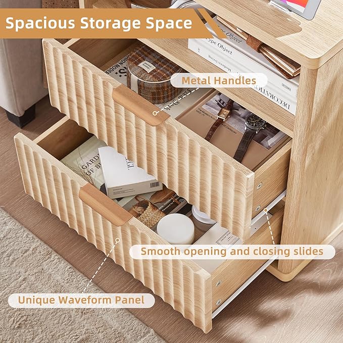 LEYAOYAO Fluted Nightstand with Charging Station, 23" Wide 2 Drawers End Table, Natural Night Stand with Open Storage Cabinet, Farmhouse Bed Side Tables, Wood Dresser for Bedroom, Living Room, Closet