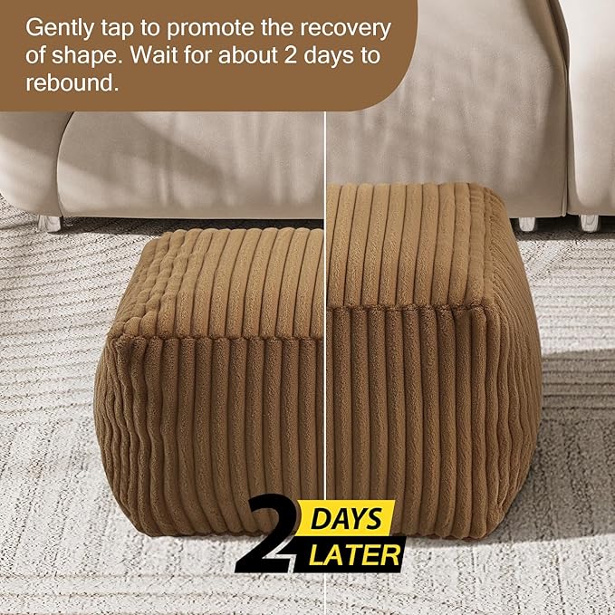 MeMoreCool Square Stuffed Pouf Ottoman Foot Rest, Stripe Furry Floor Pouf Foot Stool with Foam Chunk Filling, Soft Fluffy Stuffed Ottoman Footrest for Living Room, Faux Fur Coffee