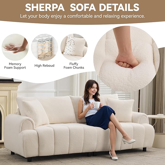 88 "Modern Boucle Sofa Couch, Oversized Comfy 3 Seater Sherpa Curved Sofas Deep Seat, Upholstered Loveseat Teddy Round Arm Couches for Living Room, Bedroom, Beige