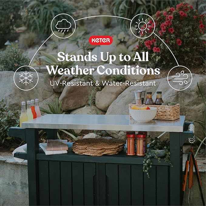 Keter Unity XL Portable Outdoor Table with Stainless Steel Top for Kitchen Prep and Outdoor Storage Cabinet for Grilling Accessories, Dark Grey