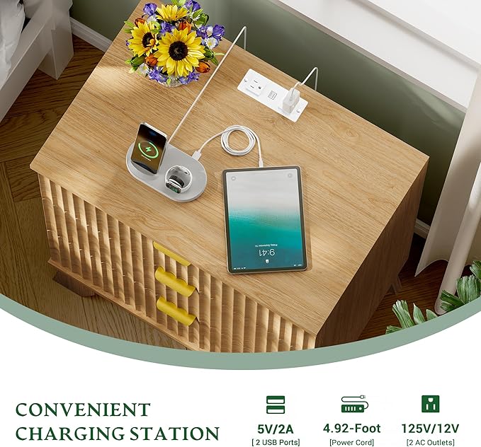 Fluted Nightstand with Charging Station, 24" Wide Bedside Table with 3 Large Storage Drawers, Modern Wood Side Table Night Stand, End Table Small Dresser for Bedroom, Living Room, Dorm, Natural Oak