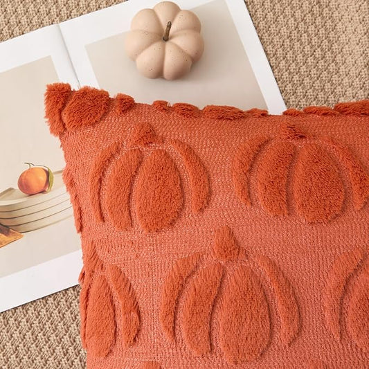 Kevin Textile Fall Pillow Covers 16x16 Inch Set of 2 Soft Pumpkins Decorative Square Pillowcases Plush Autumn Faux Fur Cushions Harvest Gift for Couch Sofa Chair Bedroom Home Decor, Rust
