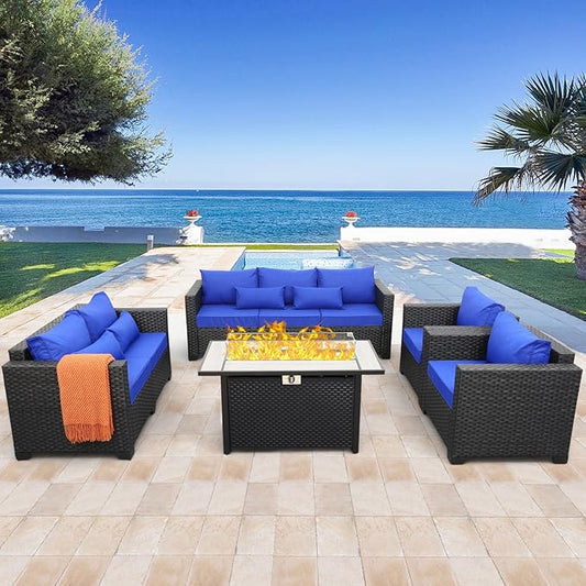 Rattaner 5 Pcs Outdoor Furniture Sets Patio Furniture Set with 45" Fire Pit Patio Couch Outdoor Chairs 60000 BTU Steel Propane Fire Pit Table No-Slip Cushions and Waterproof Covers, Royal Blue