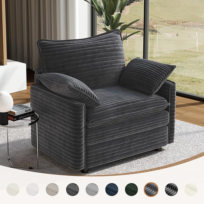 Vesgantti 40" Single Seat Sofa, Comfy Cloud Couch Deep Seat Upholstered Couch Corduroy Modern Sofa with Armrest Pillow, Easy Assembly for Living Room, Bedroom and Apartment, Gray