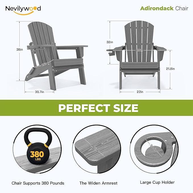 nevilywood Folding Adirondack Chair with Cup Holder Set of 4, HDPE Patio Chairs,All-Weather Outdoor Chairs for Backyard, Deck,Fire Pit-Grey