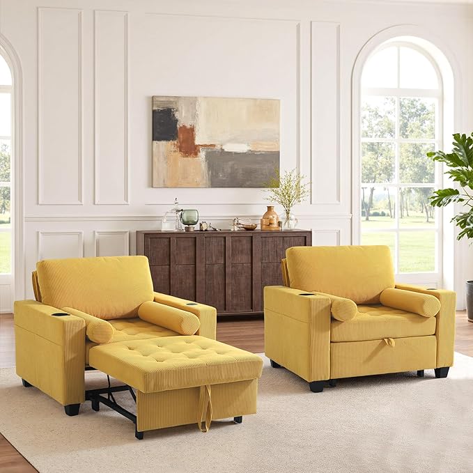 Convertible Sleeper Chair Bed, Comfy Corduroy Single Futon Sofa Chair with Pull Out Bed, 3-Levels Adjustable Backrest Accent Chair with Side Pockets, Cup Holder & USB Ports for Living Room, Bedroom
