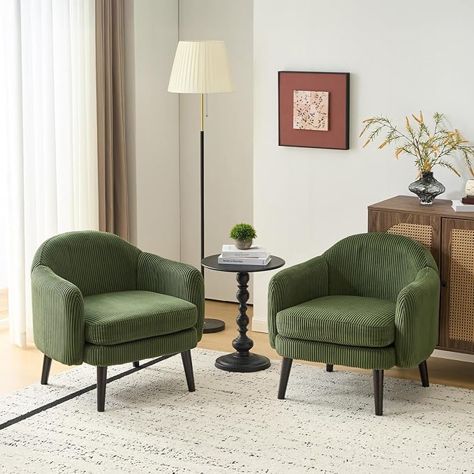 VINGLI 30.3" Wide Modern Barrel Accent Armchairs Set of 2 with Track Armrest, Solid Wooden Legs, Comfy Upholstered Club Chairs, Single Home Sofa for Living Room, Bedroom, Reading Room, Corduroy Green