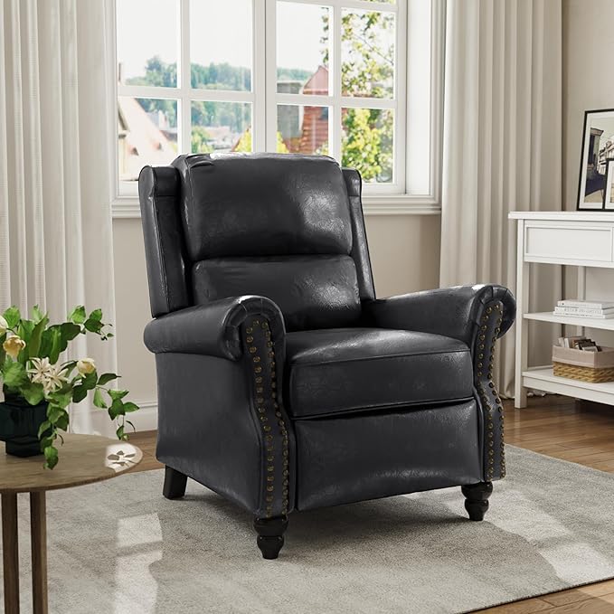 Faux Leather Recliner Chair, Modern Pushback Armchair with Adjustable Backrest & Footrest for Bedroom, Living Room (Black, Set of 2)