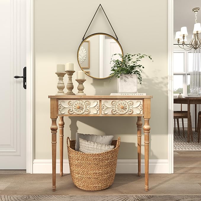 Deco 79 Wood Floral Intricately Carved 2 Drawers Console Table, 36" x 16" x 33", Brown