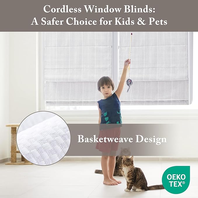 Madison Park Galen Matte White Cordless Roman Shades - Fabric Privacy Single Panel Darkening, Energy Efficient, Thermal Insulated Window Blind Treatment, for Home, Living Room Decor, 35" W x 64" H