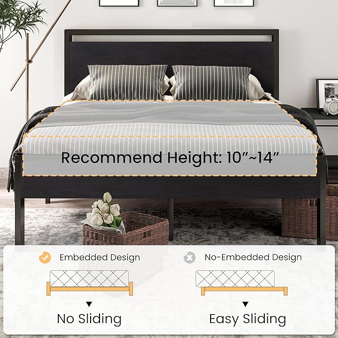 SHA CERLIN 14 Inch Queen Size Metal Platform Bed Frame with Wooden Headboard and Footboard, Mattress Foundation, No Box Spring Needed, Large Under Bed Storage, Non-Slip Without Noise, Black Oak
